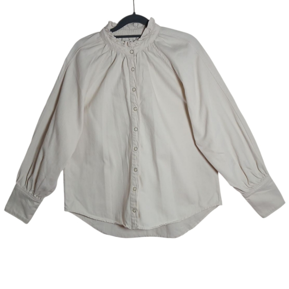 Mango Denim‎ Cream Button-Up Blouse Sz L